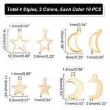 80Pcs 8 Style 304 Stainless Steel Pendants, Mixed Shape Star & Moon, Golden & Stainless Steel Color, 14.5x12.5x0.6mm, Hole: 1.2mm, 10pcs/style