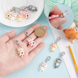 Cat Opaque Resin Pendant Locking Stitch Markers, Zinc Alloy Lobster Claw Clasp & Brass Wine Glass Charm Rings Stitch Marker, Mixed Color, 4.6cm, 5 colors, 2pcs/color, 10pcs/set
