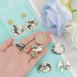 7Pcs 7 Style Dragon & Cat & Bird & Fox Enamel Pin, Light Gold Alloy Animal Badges for Clothes Backpack, Black, 26.5~30.5x27~32x1.5mm, 1Pc/style