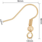 Brass Earring Hooks, Ear Wire, with Horizontal Loop, Real 18K Gold Plated, 18x18x3mm, Hole: 1.5mm, 20 Gauge, Pin: 0.8mm, 100pcs/set