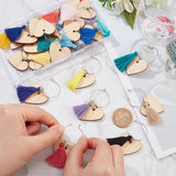 1 Set Heart Wood Wine Glass Charms, with Polycotton Tassel and Brass Rings, Mixed Color, 65mm, 24pcs/set