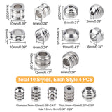 40Pcs 10 Style 304 Stainless Steel Beads, Groove, Stainless Steel Color, 4pcs/style