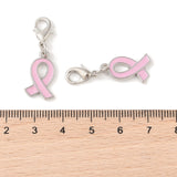 October Breast Cancer Pink Awareness Ribbon, with Angel Wing Alloy Enamel Pendants, with Rhinestone and Alloy Lobster Claw Clasps, Pearl Pink, 32mm