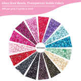 12000Pcs 15 Colors 12/0 Glass Seed Beads, Transparent Inside Colours, Round, Mixed Color, 2~2.5x1.5~2mm, Hole: 0.8mm, about 800Pcs/color