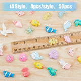 56Pcs 14 Styles Ocean ThemeOpaque Resin Cabochons, Fish & Octopus & Starfish & Shell, Mixed Shapes, Mixed Color, 12~27x13~33.5x6~8.5mm, 4pcs/style