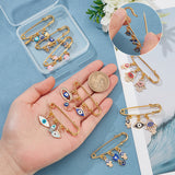 8Pcs 8 Style Enamel Evil Eye Safety Pin Brooches, Golden Alloy Hamsa Hand & Butterfly & Horse Eye Charms Lapel Pins for Backpack Clothes, Mixed Color, 49~50mm