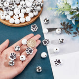 180Pcs 3 Style Natural Wood Beads, Round & Dog Paw Print, Black and White, 16~20x15~16mm