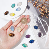 14Pcs 7 Styles Brass Natural Gemstone Connector Charms, Natural Agate & Amethyst & Lapis Lazuli & Tiger Eye, Mixed Dyed and Undyed, Oval, Platinum, Mixed Color, 15~15.5x25.5~26x6.5~7mm, Hole: 1.5~2mm, 2pcs/style