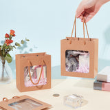 Portable Kraft Paper Gift Bags, with PVC Window and Polyester Handles, for Bouquet, Rectangle, BurlyWood, 14.9x14x0.4cm, Unfold: 14.9x14x7.1cm