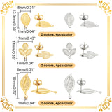 304 Stainless Steel Stud Earring Findings, with Loop and Ear Nuts/Earring Backs, Leaf, Golden & Stainless Steel Color, 24pcs/box
