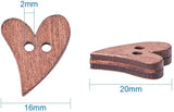 Heart Shaped Paint Buttons, Wooden Buttons, 2-Hole, Sienna, 20x16mm, Hole:2mm, about 100pcs/bag, 1bag/box, Plastic Bead Container: 16.5x8.5x1.6cm