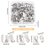 60Pcs 3 Style 304 Stainless Steel Clip-on Earring Findings, with Loop, Stainless Steel Color, 12~16x6~10x7~9mm, Hole: 1.2mm, 20pcs/style