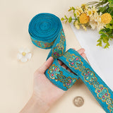 Flat Ethnic Style Embroidery Polyester Ribbons, Jacquard Ribbon, Garment Accessories, Single Face Floral Pattern, Turquoise, 1-3/4 inch(45mm), about 7.66 Yards(7m)/Roll