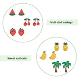 6 Pair 6 Style Watermelon & Cherry & Banana & Tree Enamel Stud Earrings Set, Light Gold Alloy Fruit Theme Jewelry for Women, Mixed Color, 12~17x8~13.5mm, Pin: 0.6mm, 1 Pair/style