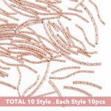 100Pcs 10 Style Brass Curved Tube Beads, Rose Gold, 10~30x1.5~2mm, Hole: 0.7~1.2mm, 10pcs/style