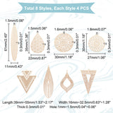 32Pcs 8 Style Rack Plating Brass Filigree Big Pendants, Long-Lasting Plated, Triangle & Teardrop & Rhombus & Triangle, Light Gold, 30~61x11~32.5x0.3~0.4mm, Hole: 1~1.8mm, 4pcs/style