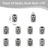 10Pcs 10 Styles 304 Stainless Steel European Beads, Large Hole Beads, Column with Runes/Futhark/Futhor, Antique Silver, 13.5x10mm, Hole: 6mm, 1pc/style