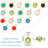 8 Color 304 Stainless Steel with Glass Charms, Faceted Flat Round, Real 18K Gold Plated, 9.5x6.5x2mm, Hole: 1.5mm, 6Pcs/color, 48Pcs/box