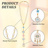 Brass Cubic Zirconia Woven Web Pendant Decoration, with Glass Pearl & Seed Beads and Evil Eye Resin Link, for Car Hanging Accessories, Pale Goldenrod, 285mm