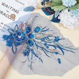 3D Flower Polyester Embroidery Sew on Flower Appliques, with Paillettes & Acrylic Rhinestones, Sewing Craft Decoration for Wedding Dress, Cheongsam, Medium Blue, 350~400x270~290x6.5mm