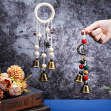 2Pcs 2 Style Iron Witch Bells Pendant Decorations, with Wood Bead and Alloy Moon & Star, for Boho Home Room Kitchen Decor, Mixed Color, 270~290mm, 1pc/style
