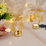 2 Sets 2 Style Iron Rotating Snowflake & Snowman Candlestick Tealight Candle Holder Sets, for Birthday Christmas Party Decoration, Golden, Finished Product: 125x78mm, pendant: 46~50.5x31~39x0.3~1mm, Hole: 1.6~2mm, 1 set/style