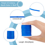 15Rolls 15 Colors Nylon Chinese Knotting Cord, DIY Material for Jewelry Making, Mixed Color, 0.4mm, 49.21Yards(45m)/roll, 1roll/color