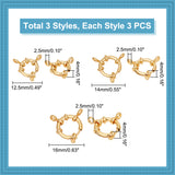 9Pcs 3 Styles Ion Plating(IP) 304 Stainless Steel Spring Ring Clasps, Ring, Real 24K Gold Plated, 12.5~23x4mm, Hole: 2.5mm, 3pcs/style