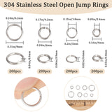 800Pcs 4 Styles 304 Stainless Steel Open Jump Rings, Round Rings, Stainless Steel Color, 4~8x0.6~0.9mm, Inner Diameter: 2.4~6.2mm, 200pcs/style