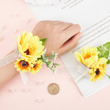 Silk Cloth Imitation Flower Wrist, with Artificial Silk Sunflower Boutonniere Brooch, for Wedding, Party Decorations, Orange, Stretch Bracelets: 120x115x58mm, 1pc; Brooch: about 60x100x65mm, pin: 1mm, 1pc