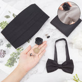 Safety Brooches, Satin Bow Tie for Men, with Handkerchief and Iron Cufflink, Men's Polyester Cummerbund with Magic Tape, Black, 6pcs/bag