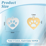 20Pcs 2 Colors 201 Stainless Steel Charms, Laser Cut Pendants, Heart with Dog Paw Prints, Golden & Stainless Steel Color, 15x15x1mm, Hole: 1.5mm, 10pcs/color