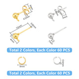 120Pcs 2 Colors Iron Ball Stud Earring Post, Earring Findings, with Horizontal Loops & 120Pcs 304 Stainless Steel Ear Nuts & 120Pcs Jump Rings, Mixed Color, 15x4mm, Hole: 1mm, Pin: 0.8mm, 60Pcs/color