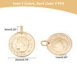 12Pcs 3 Colors 304 Stainless Steel Coin Pendants, Republique Francaise 1808, Mixed Color, 20x1mm, Hole: 5mm, 4pcs/color