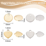 160Pcs 4 Styles 201 Stainless Steel Laser Cut Charms, Blank Stamping Tag, Heart & Flat Round, Golden & Stainless Steel Color, 9.5~10x9.5~10x1mm, Hole: 1.2mm, 40pcs/style