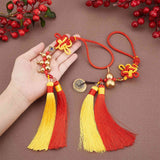 2Pcs 2 Style Polyester Tassel & Chinese Knot Pendant, with Gourd & Brass Lucky Coins, for KeyChain and Car Good Luck Decor, Mixed Color, 1pc/style