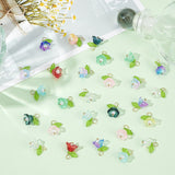 60Pcs 10 Color Glass Flower Pendants, with Acrylic Leaf and Brass Findings, Mixed Color, 17mm, Hole: 3.5mm, 6Pcs/color