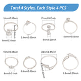 16Pcs 4 Style Brass Open Cuff Ring Components, Adjustable Ring Findings, For Half Drilled Beads, Stainless Steel Color, US Size 5 1/4(15.9mm)~US Size 12 3/4(22mm), Tray: 5~8mm, Pin: 0.8mm, 4Pcs/style