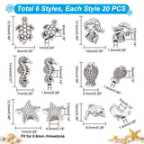 120Pcs 6 Style Tibetan Style Alloy Beads, Mermaid & Starfish & Dolphin, Antique Silver & Platinum, 6.5~20.5x9~12.5x3.5~6mm, Hole: 1~4.5mm, 20pcs/style