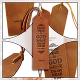 Quote Draw Near To God Cowhide Leather Labels, Handmade Embossed Tag, with Holes, for DIY Jeans, Bags, Shoes, Hat Accessories, Word, 180x50x1.2mm