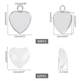 102Pcs DIY Heart Pendant Making Kits, Including 304 Stainless Steel Pendant Settings and Transparent Glass Cabochons, Stainless Steel Color, Tray: 12x12mm, 16.5x13x1mm, Hole: 2.5mm