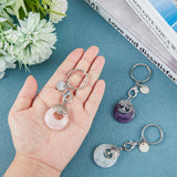 3Pcs Natural Stone Keychain, with Iron Split Key Rings, 304 Stainless Steel Split Rings and Zinc Alloy Lobster Claw Clasps, Flat Round with Tree of Life, 9cm, 3pcs/set