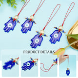 4Pcs Handmade Evil Eye Lampwork Pendant Decorations, with Braided Nylon Thread and Lotus Pattern Alloy Beads, Buddha Hand, Medium Blue, 133mm