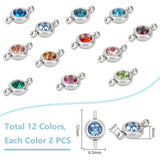 24Pcs 12 Colors 304 Stainless Steel Single Rhinestone Connector Charms, Flat Round Links, Stainless Steel Color, Mixed Color, 12x6.5x4mm, Hole: 2mm, 2pcs/color