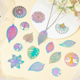 32Pcs 16 Style Ion Plating(IP) 201 Stainless Steel Filigree Pendants, Etched Metal Embellishments, Leaf & Flower & Tree of Life & Flat Round, Rainbow Color, 2pcs/style