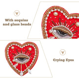 Handmade Polyester Cloth Patches, Sew on Patches, Plastic Imitation Pearl & Glass Beaded Heart with Weeping Eye, Red, 85x84x10mm