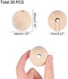 Unfinished Wood Beads, Natural Wooden Loose Beads Spacer Beads, Round, 40x40mm, Hole: 7mm