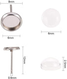 DIY Earring Making, with 304 Stainless Steel Stud Earring Components and Clear Glass Cabochons, Flat Round, Stainless Steel Color, 7.4x7.2x1.7cm