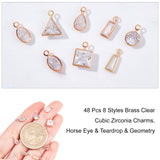 48Pcs 8 Style Brass Clear Cubic Zirconia Charms, Horse Eye & Teardrop & Geometry, Light Gold, 8~11x3.5~7x1~3mm, Hole: 0.9~1mm, 6pcs/style