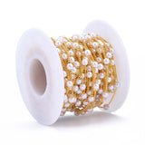 Handmade Brass Chains, with Round ABS Plastic Imitation Pearl Beads, Soldered, with Spool, Creamy White, Golden, 1.5mm, beads: 4mm, about 32.817 Feet(10m)/roll